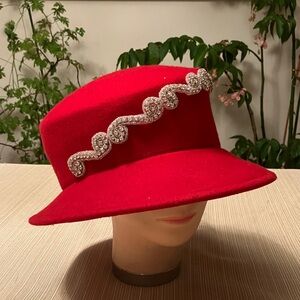 Elegant Red Wool Hat with Silver Rhinestone Beaded Embellishment